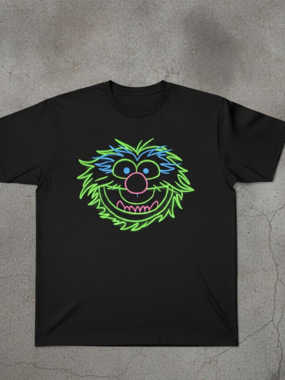 Neon Monster Graphic T-Shirt – Colorful Retro Cartoon Black Tee
